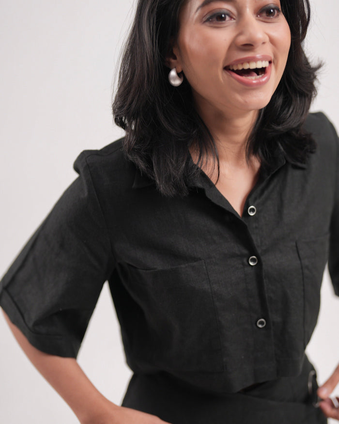 Black Linen Cropped Shirt